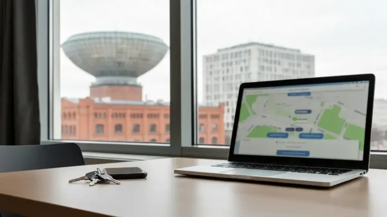 Klucze i laptop w apartamencie z widokiem na centrum Katowic i Strefę Kultury