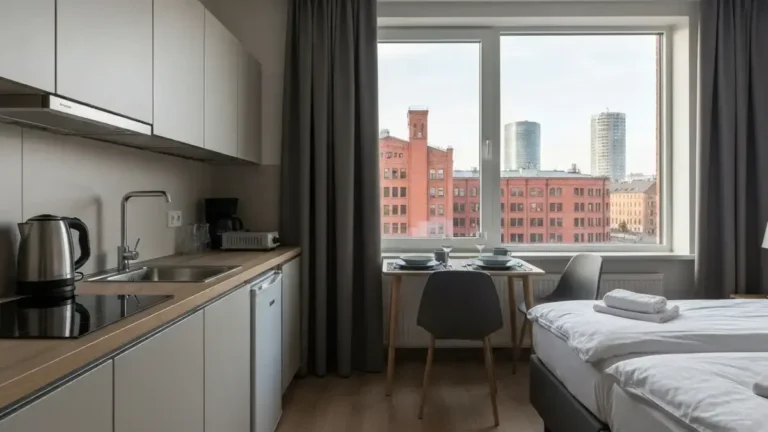 Aneks kuchenny w aparthotelu w Katowicach z widokiem na postindustrialną zabudowę