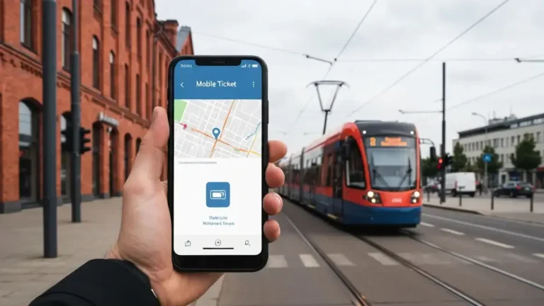 Smartfon z biletem ZTM na tle tramwaju i ceglanej zabudowy Katowic