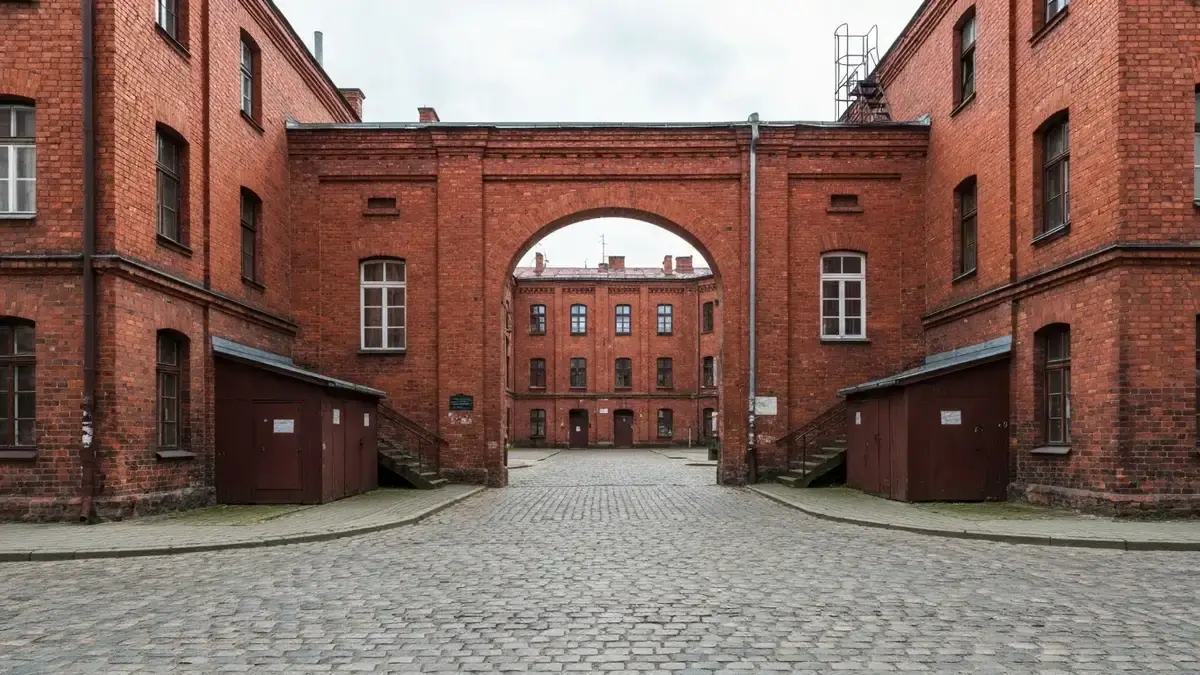 Ceglane familoki w Nikiszowcu z bramą i podwórkiem w świetle dziennym