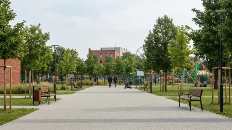 Rodzinna alejka w Parku Slaskim z zielenią i slaską zabudową w tle