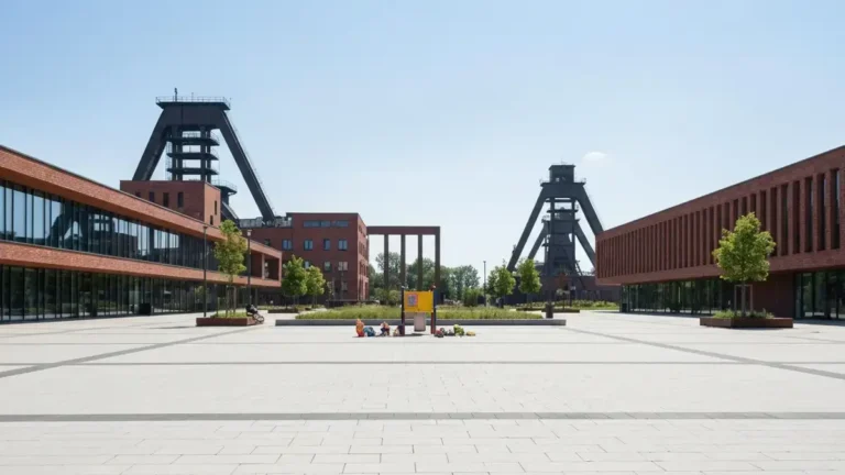 Plac w Strefie Kultury w Katowicach z elementem placu zabaw i postindustrialnym tlem