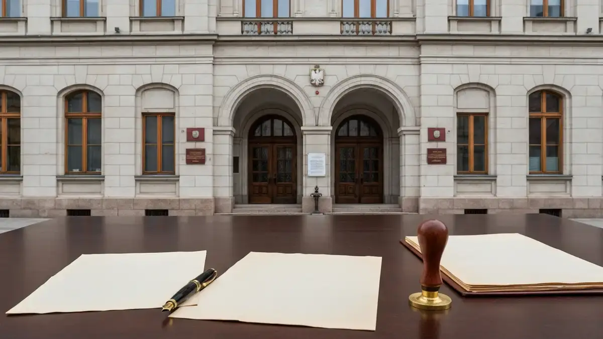 Gmach Sejmu Śląskiego w Katowicach z dokumentami urzędowymi na pierwszym planie