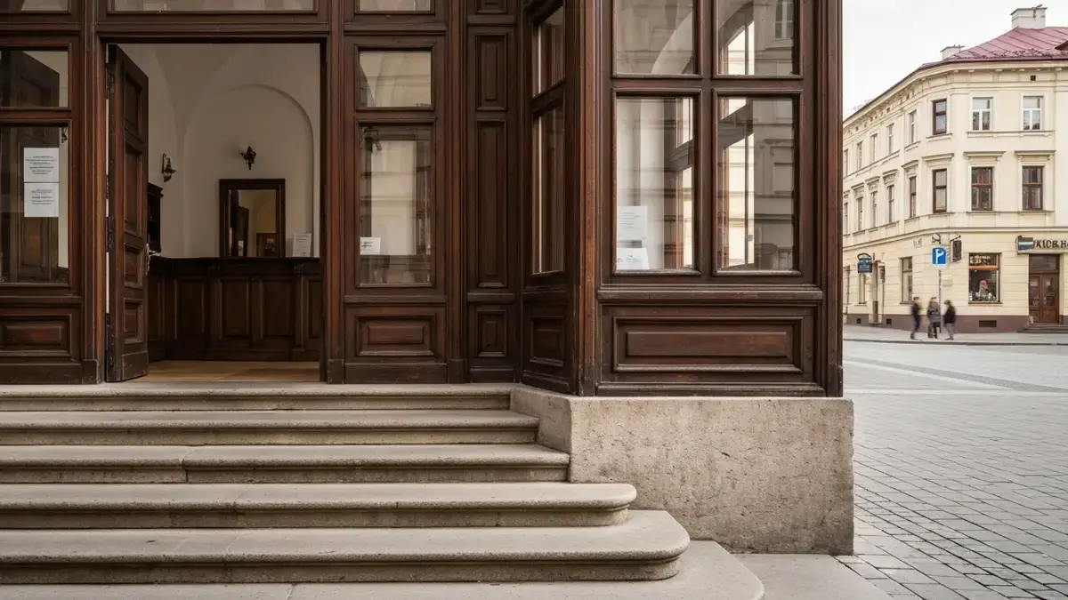 Wejście do historycznej kamienicy muzealnej w centrum Katowic