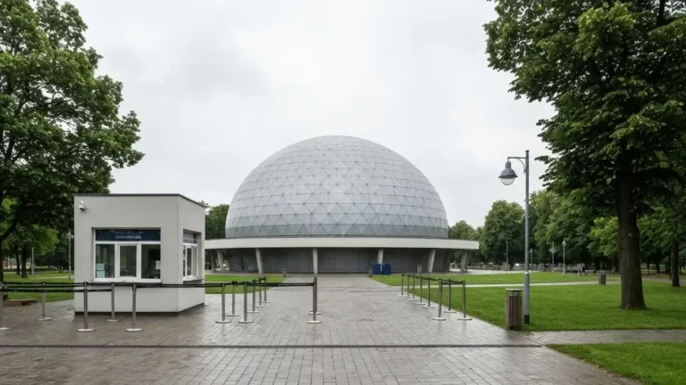 Planetarium Slaskie w Parku Slaskim z alejka i punktem biletowym