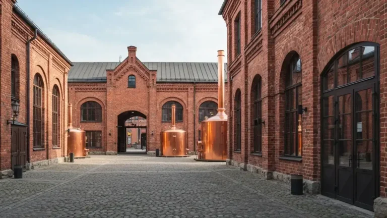 Dziedziniec zabytkowego browaru w Tychach z ceglaną architekturą i miedzianymi kadziami