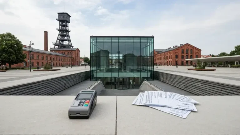Wejście do Muzeum Śląskiego w Katowicach z szybami dawnej kopalni i blankietami biletów