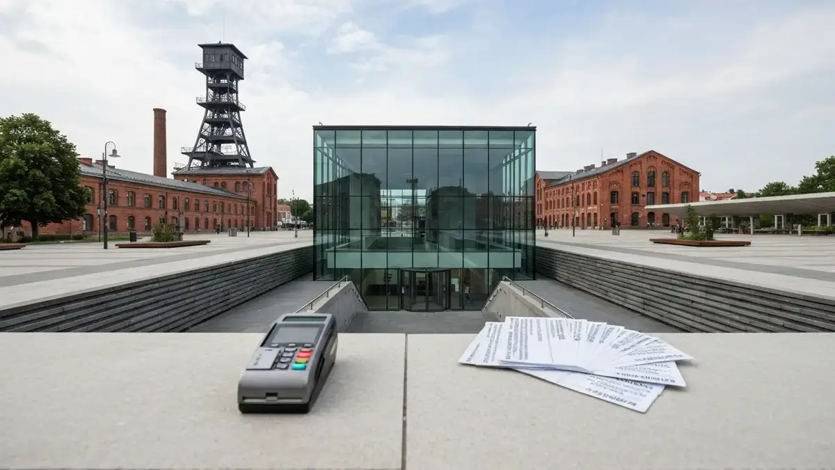 Wejście do Muzeum Śląskiego w Katowicach z szybami dawnej kopalni i blankietami biletów