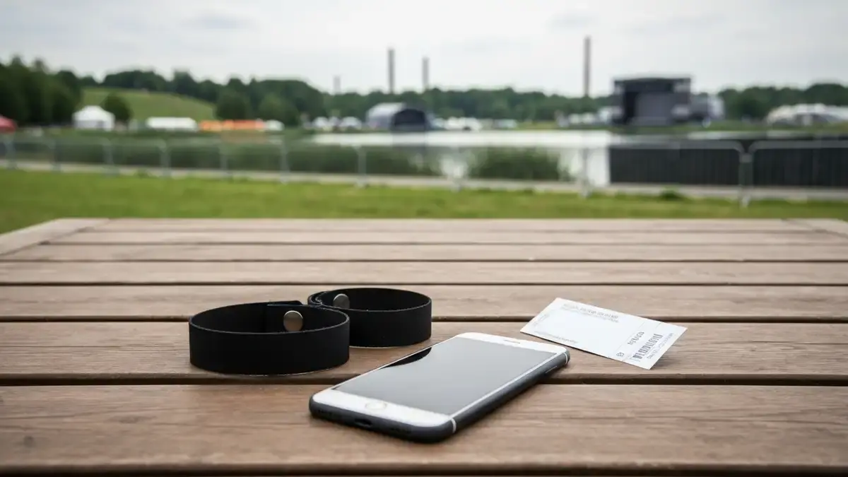 Opaski festiwalowe i telefon na tle Doliny Trzech Stawow w Katowicach