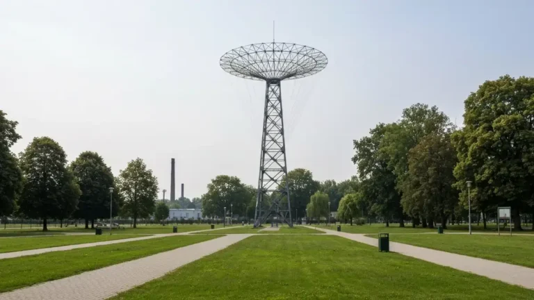 Stalowa wieza spadochronowa w Parku Slaskim przy Katowicach w dziennym swietle