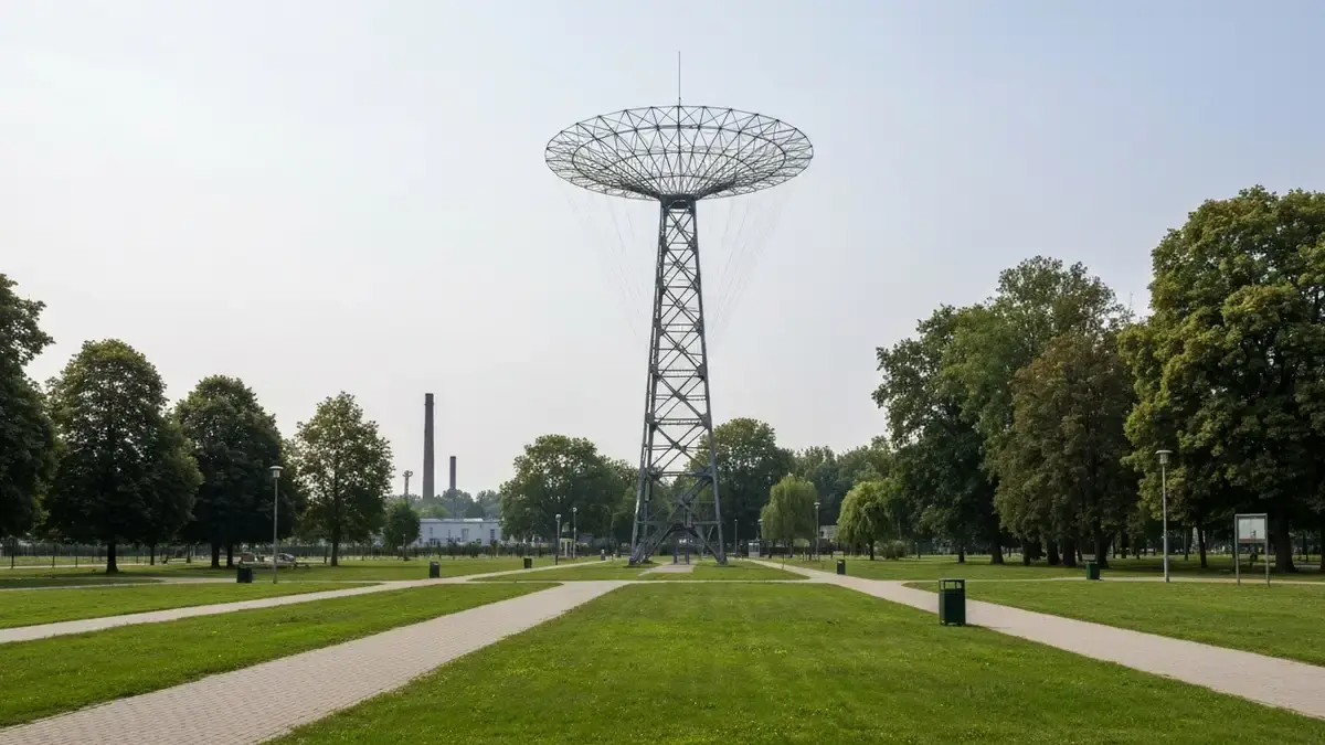Stalowa wieza spadochronowa w Parku Slaskim przy Katowicach w dziennym swietle