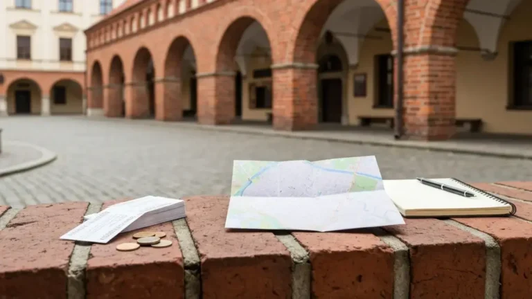 Bilety i mapa na tle ceglanej zabudowy Nikiszowca w Katowicach
