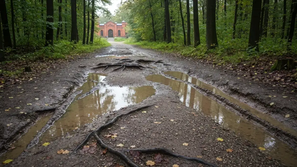 Błotnista leśna ścieżka po deszczu w Katowicach z kałużami i mokrymi korzeniami