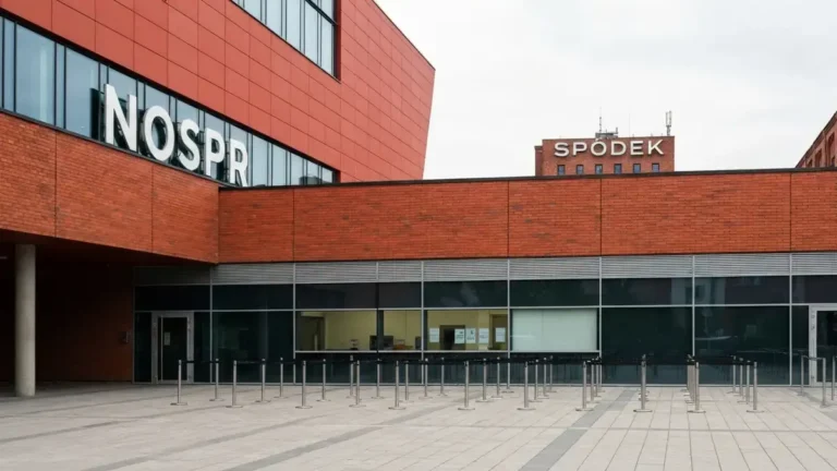 Budynek NOSPR w katowickiej Strefie Kultury z pustą strefą kas biletowych