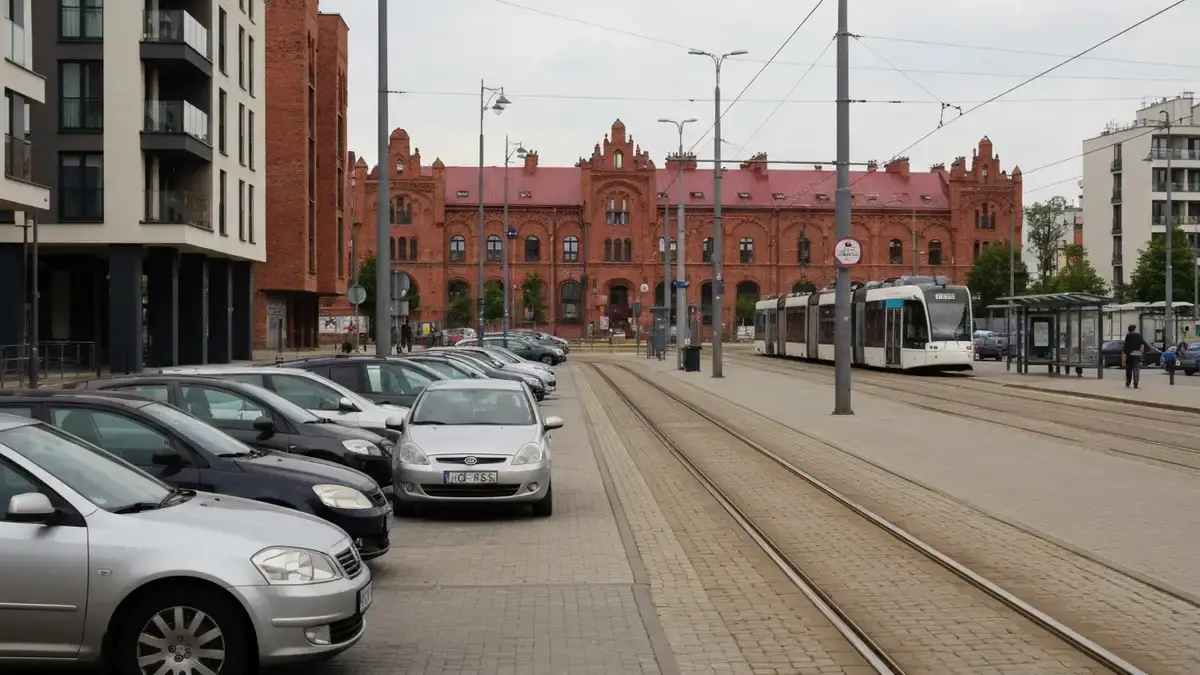 Pełny parking i tramwaj w centrum Katowic jako alternatywa dojazdu do Rynku i Strefy Kultury
