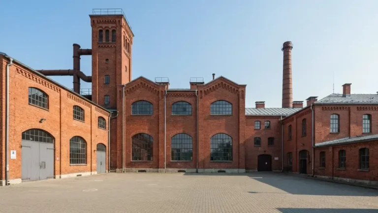 Ceglane zabudowania Browaru Obywatelskiego w Tychach w postindustrialnym krajobrazie Slaska