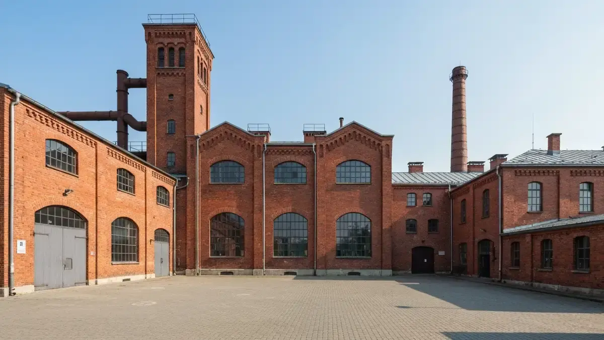 Ceglane zabudowania Browaru Obywatelskiego w Tychach w postindustrialnym krajobrazie Slaska