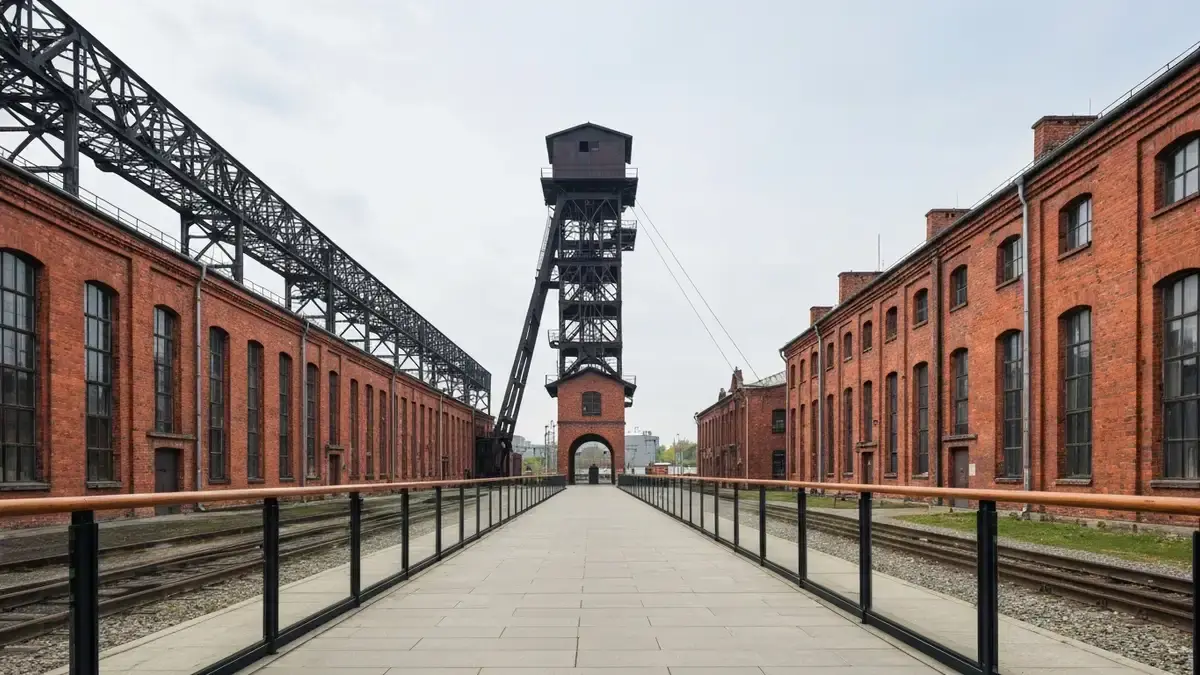 Historyczna wieża szybowa w Katowicach na tle postindustrialnej zabudowy Śląska