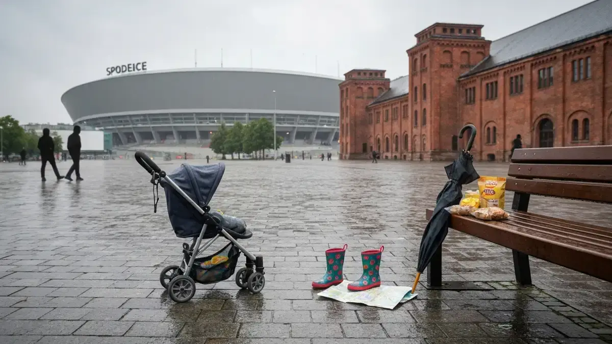 Rodzinny spacer w Strefie Kultury w Katowicach po deszczu z parasolem i dziecięcymi kaloszami