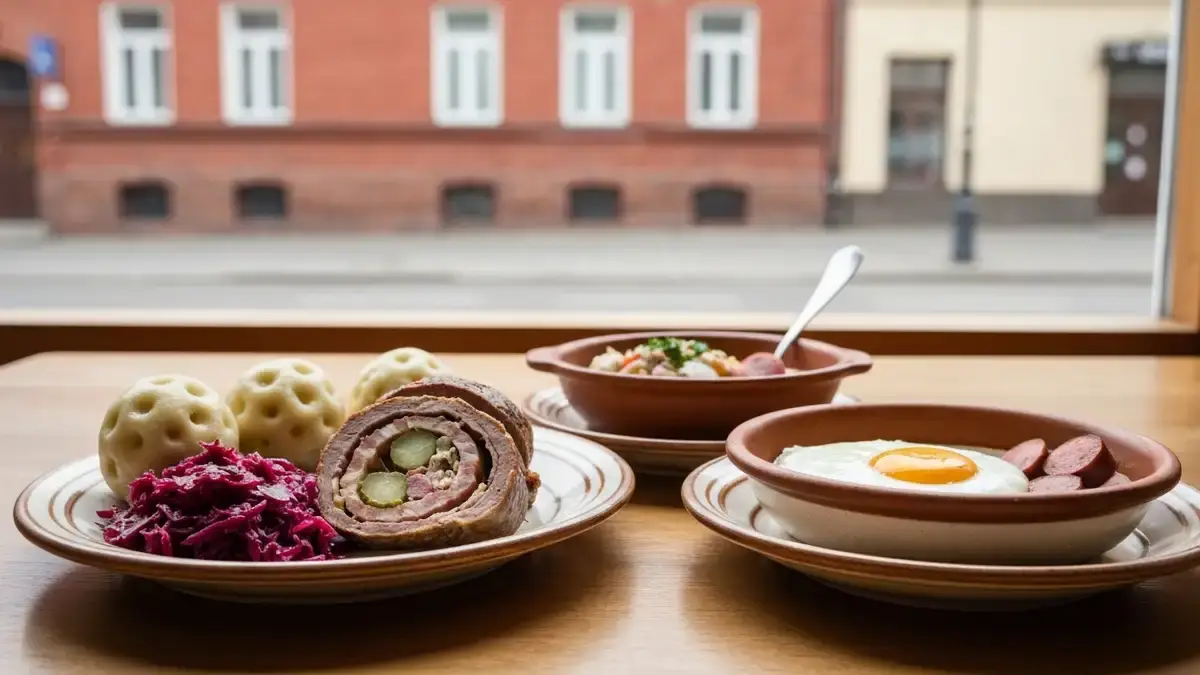 Śląski obiad z roladą, kluskami, modrą kapustą i żurkiem na tle ceglanej zabudowy Katowic