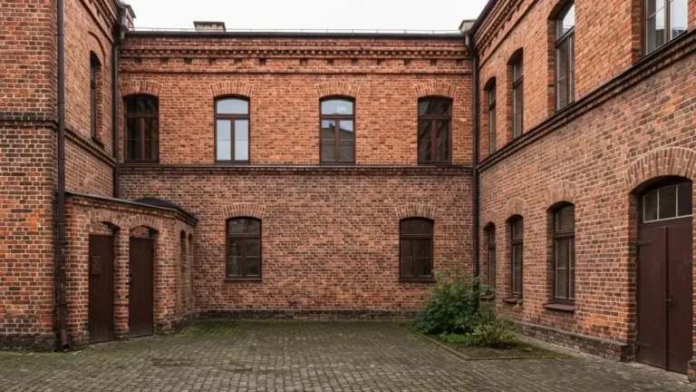 Czerwone ceglane familoki na Nikiszowcu w Katowicach po lekkim deszczu