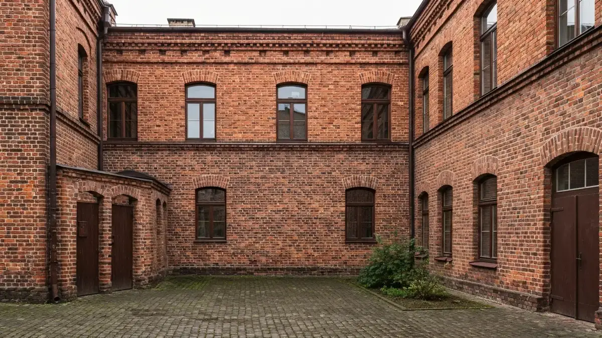 Czerwone ceglane familoki na Nikiszowcu w Katowicach po lekkim deszczu