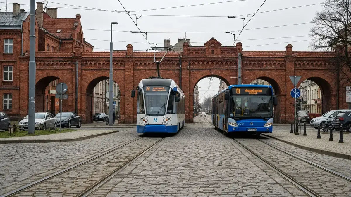 Tramwaj i autobus przy czerwonych familokach na Nikiszowcu w Katowicach