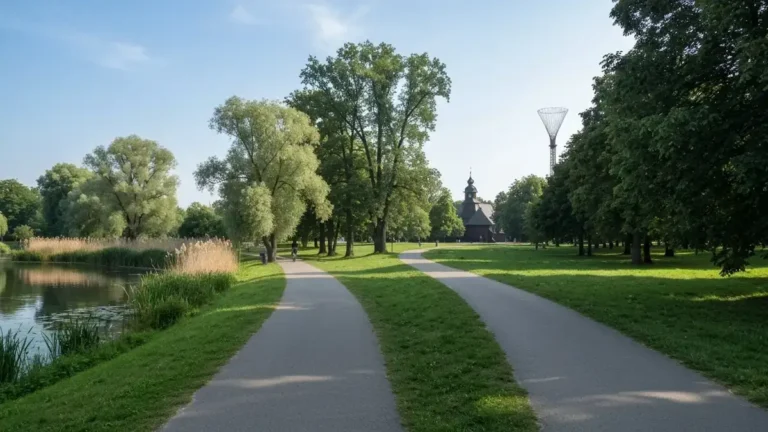 Rozwidlenie alejki między stawem w Dolinie Trzech Stawów a zielenią Parku Kościuszki w Katowicach