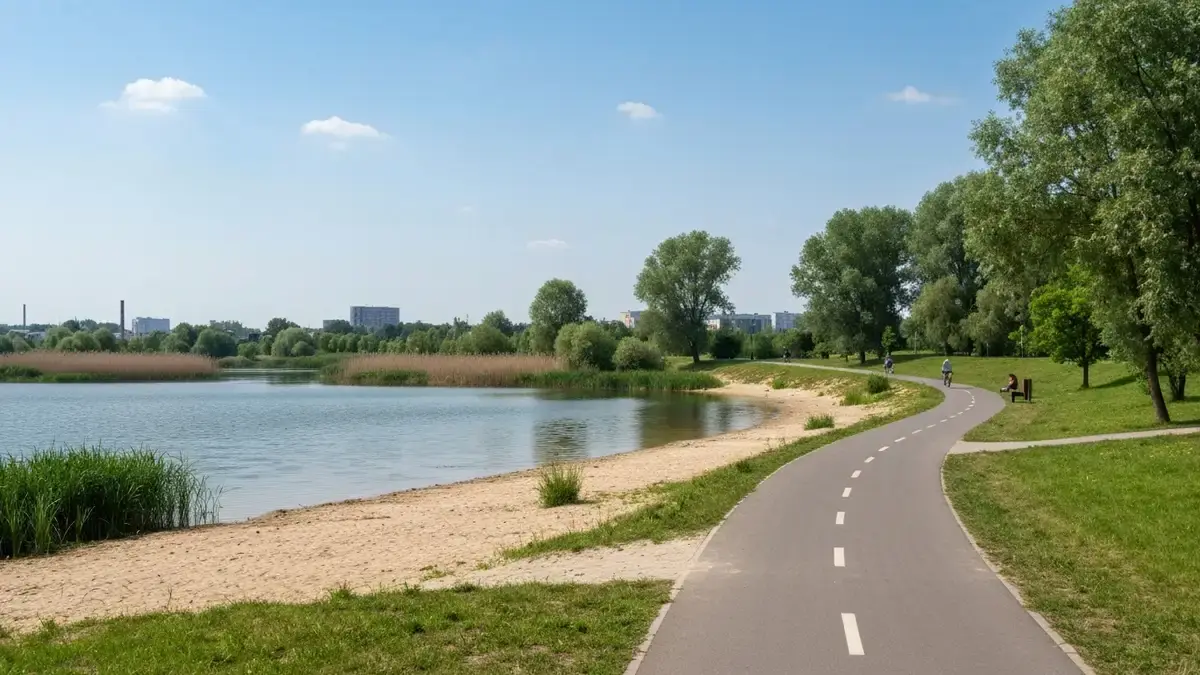 Dolina Trzech Stawów w Katowicach z alejką, stawem i zielenią Muchowca