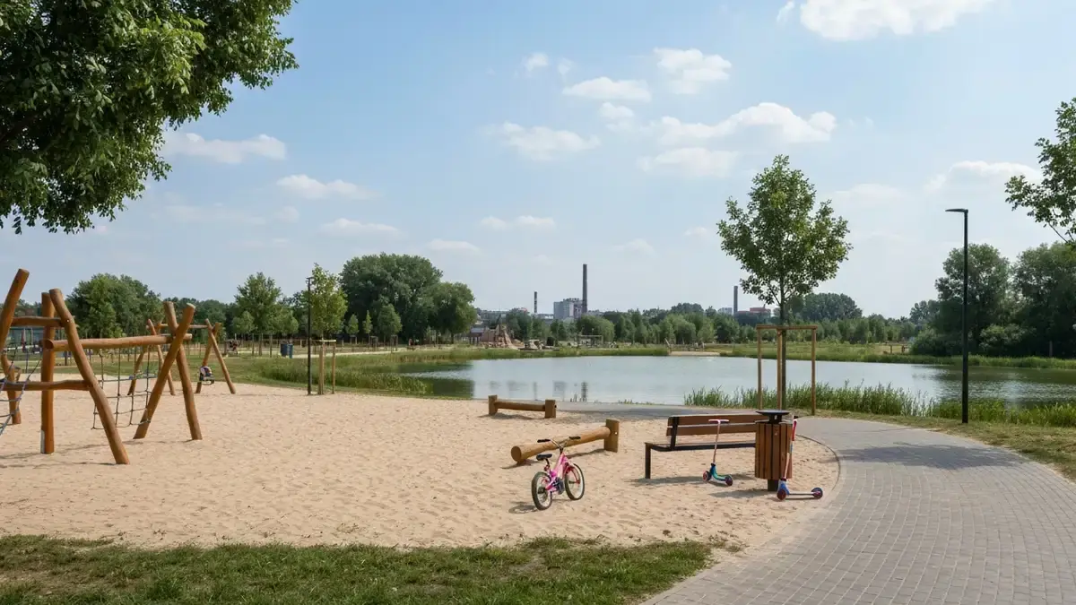 Plaża, plac zabaw i ścieżka rowerowa w Dolinie Trzech Stawów w Katowicach
