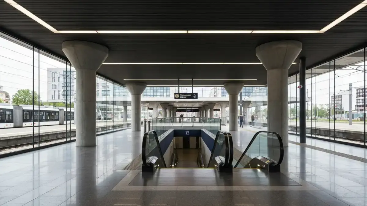 Hala dworca Katowice z betonowymi kielichami, zejściem na perony i miejskim tłem centrum
