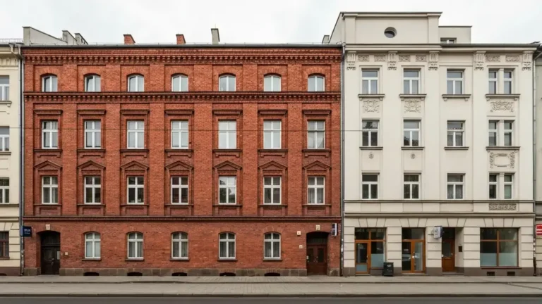Ceglany familok i katowicka kamienica pokazane obok siebie w dziennym świetle