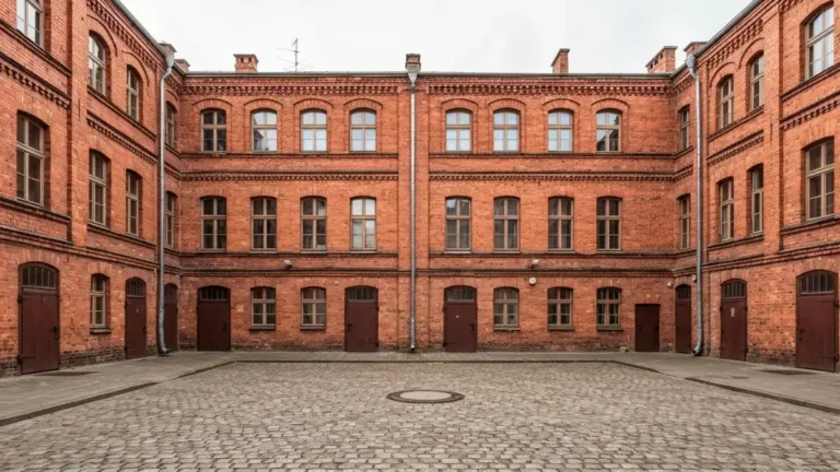 Czerwone familoki w Nikiszowcu w Katowicach z brukowanym podwórkiem i śląską zabudową robotniczą