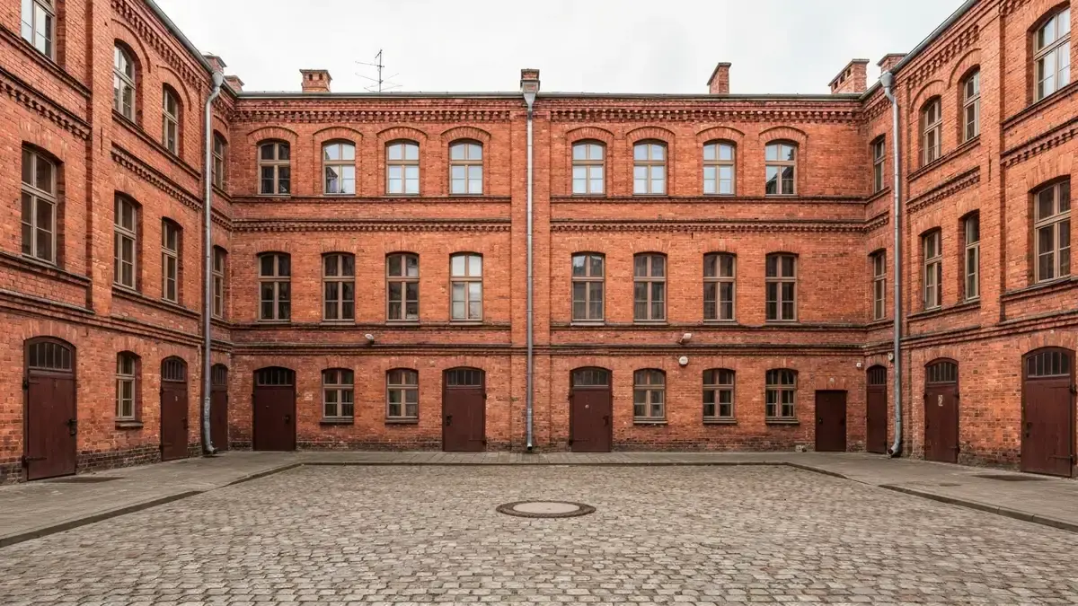 Czerwone familoki w Nikiszowcu w Katowicach z brukowanym podwórkiem i śląską zabudową robotniczą
