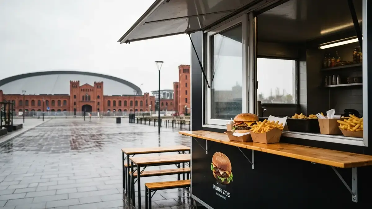 Food truck z jedzeniem na tle Strefy Kultury i Spodka w Katowicach