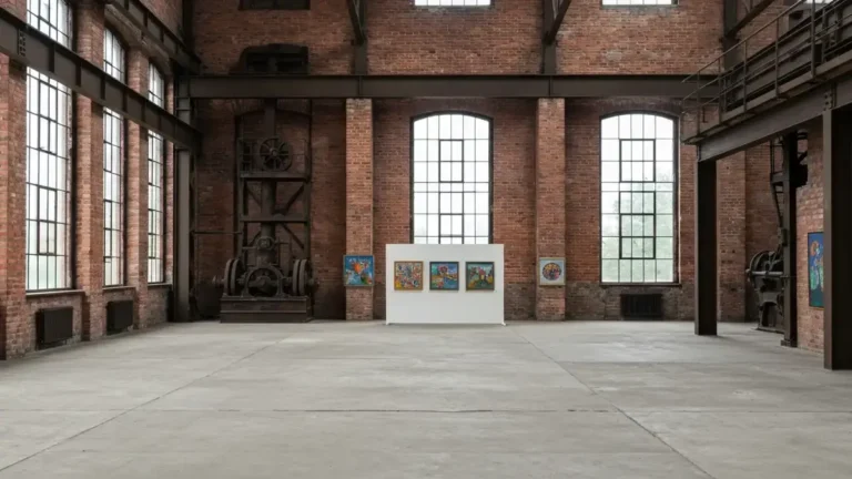 Wnętrze Galerii Szyb Wilson w Katowicach z obrazami sztuki naiwnej i ceglaną halą przemysłową