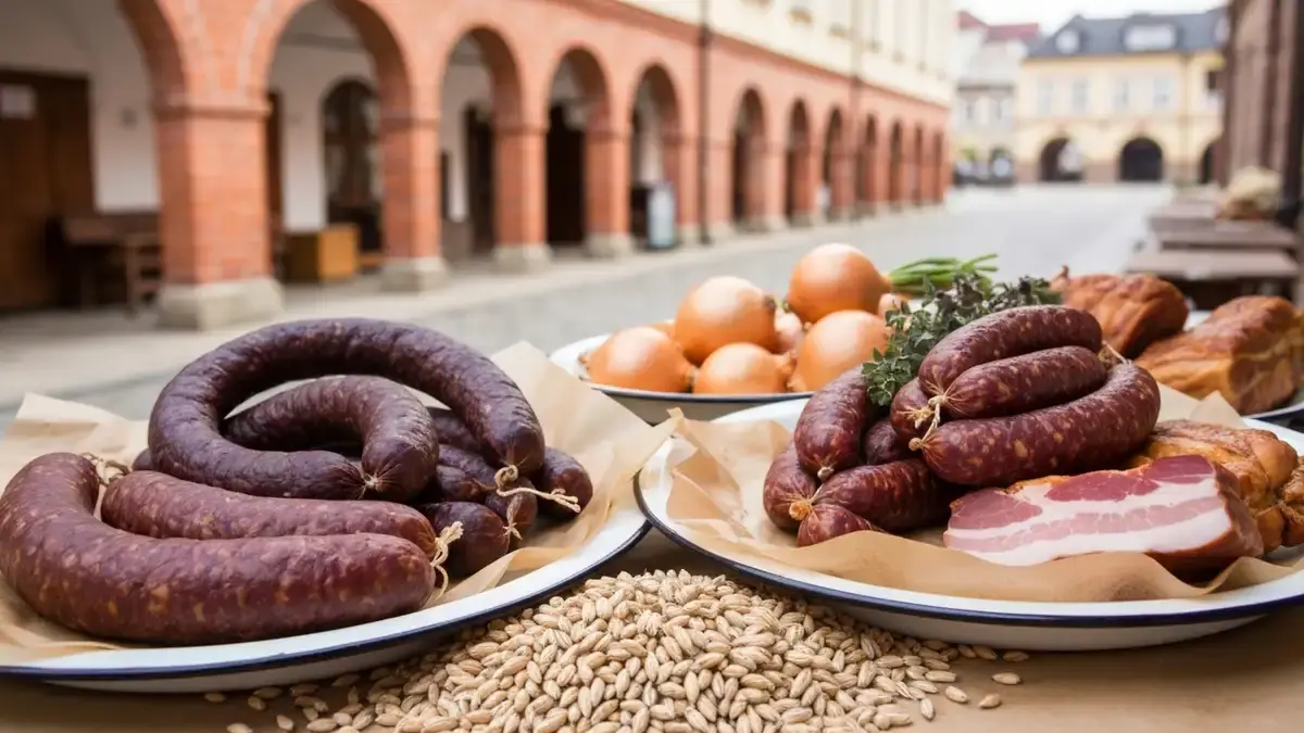 Krupnioki i slaskie wedliny na targowym stoisku w Katowicach z ceglana zabudowa w tle