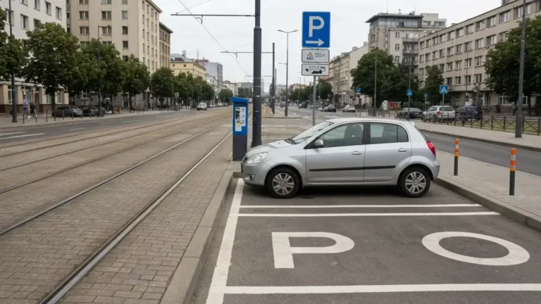 Samochod przy parkomacie w centrum Katowic na tle miejskiej zabudowy i torow tramwajowych