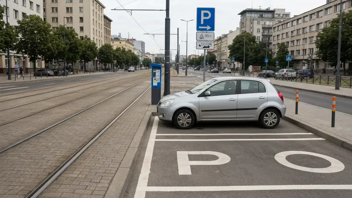 Samochod przy parkomacie w centrum Katowic na tle miejskiej zabudowy i torow tramwajowych
