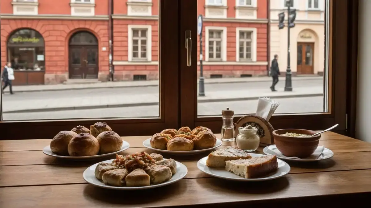Śląski obiad na stole restauracyjnym z widokiem na ceglaną zabudowę Nikiszowca w Katowicach