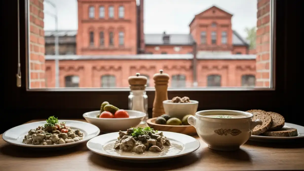 Wegańskie kluski śląskie i modro kapusta w bistro z tłem katowickiego Nikiszowca