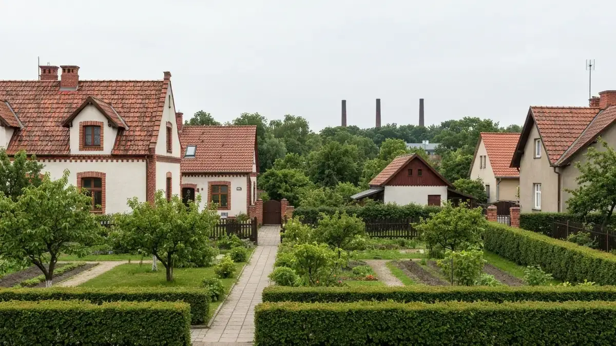 Historyczna ulica Giszowca w Katowicach z niskimi domami, ogródkami i zielenią