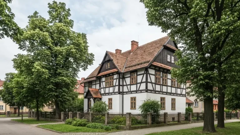 Zabytkowy dom i zieleń Giszowca w Katowicach przy spokojnej ulicy miasta-ogrodu