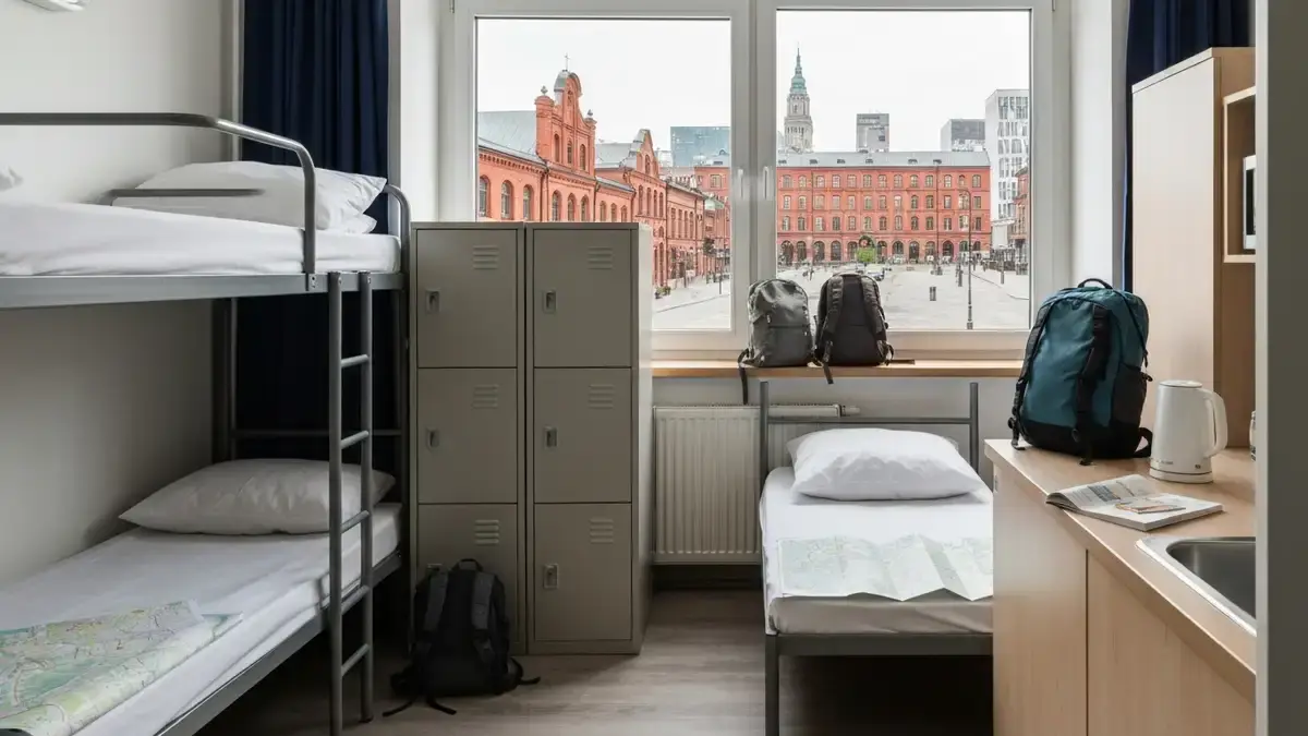 Pokój hostelowy w Katowicach z piętrowymi łóżkami i widokiem na postindustrialną zabudowę miasta