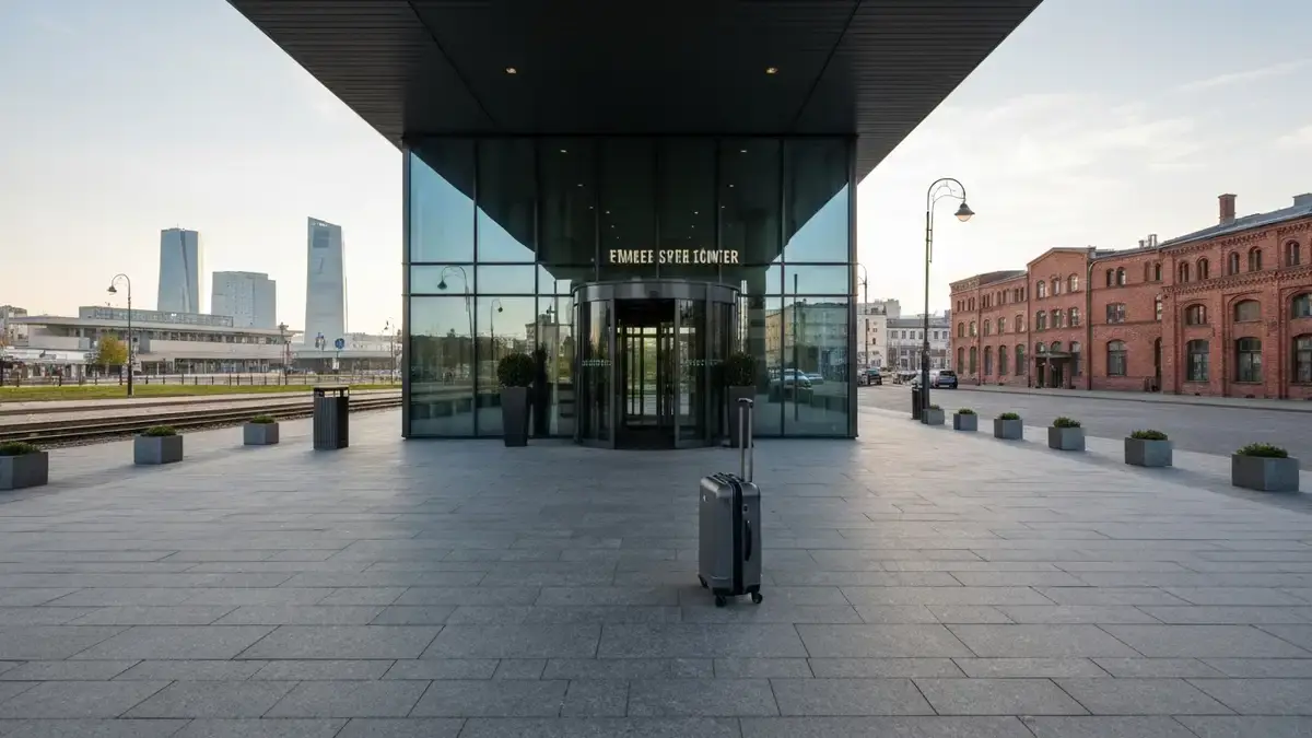 Hotelowy widok w centrum Katowic z walizką i architekturą Strefy Kultury w tle