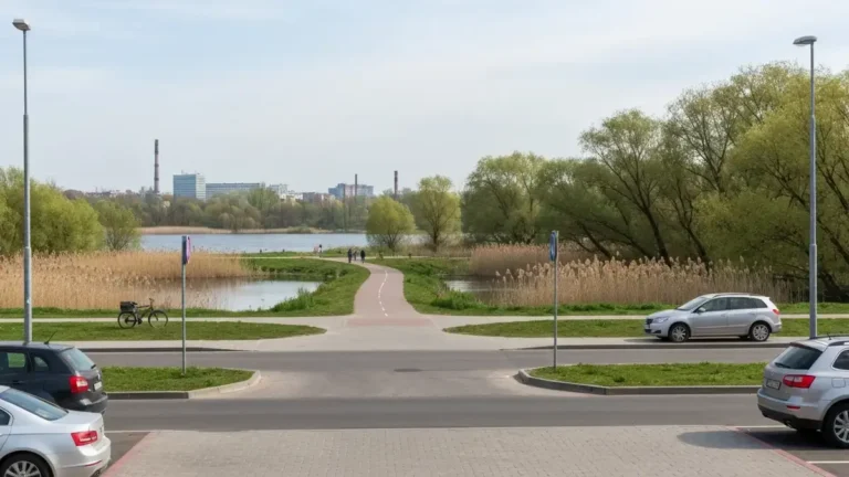 Dojście do Doliny Trzech Stawów w Katowicach z parkingiem, ścieżką i stawem w tle