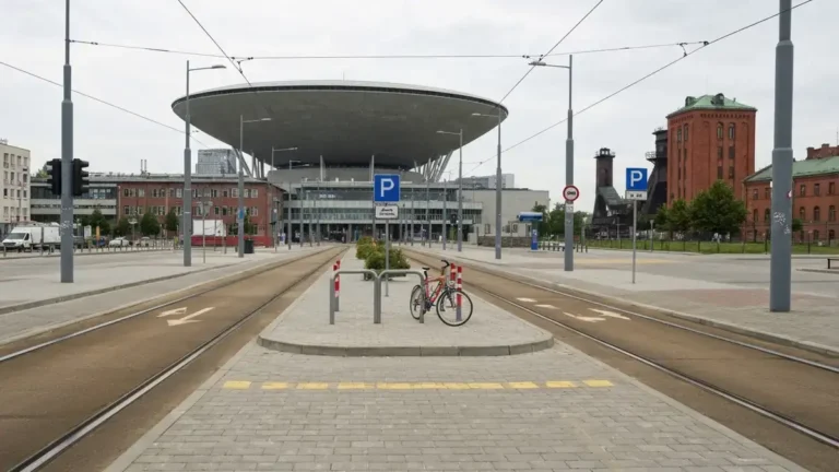 Dojazd do Strefy Kultury w Katowicach z tramwajem, rowerami i widokiem na Spodek