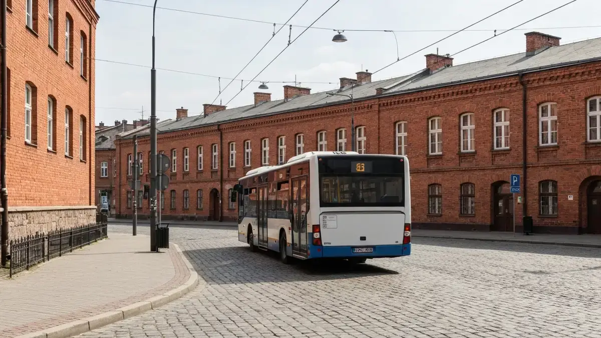Autobus przy ceglanych familokach na Nikiszowcu w Katowicach