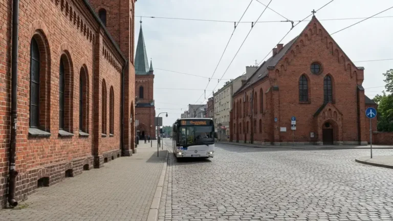 Autobus przy ceglanych familokach Nikiszowca w Katowicach