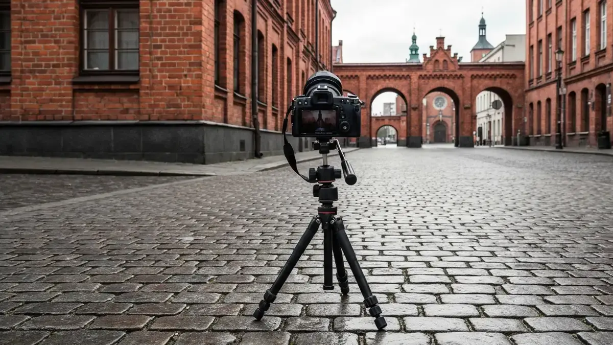 Aparat na statywie przed ceglaną zabudową Nikiszowca w Katowicach